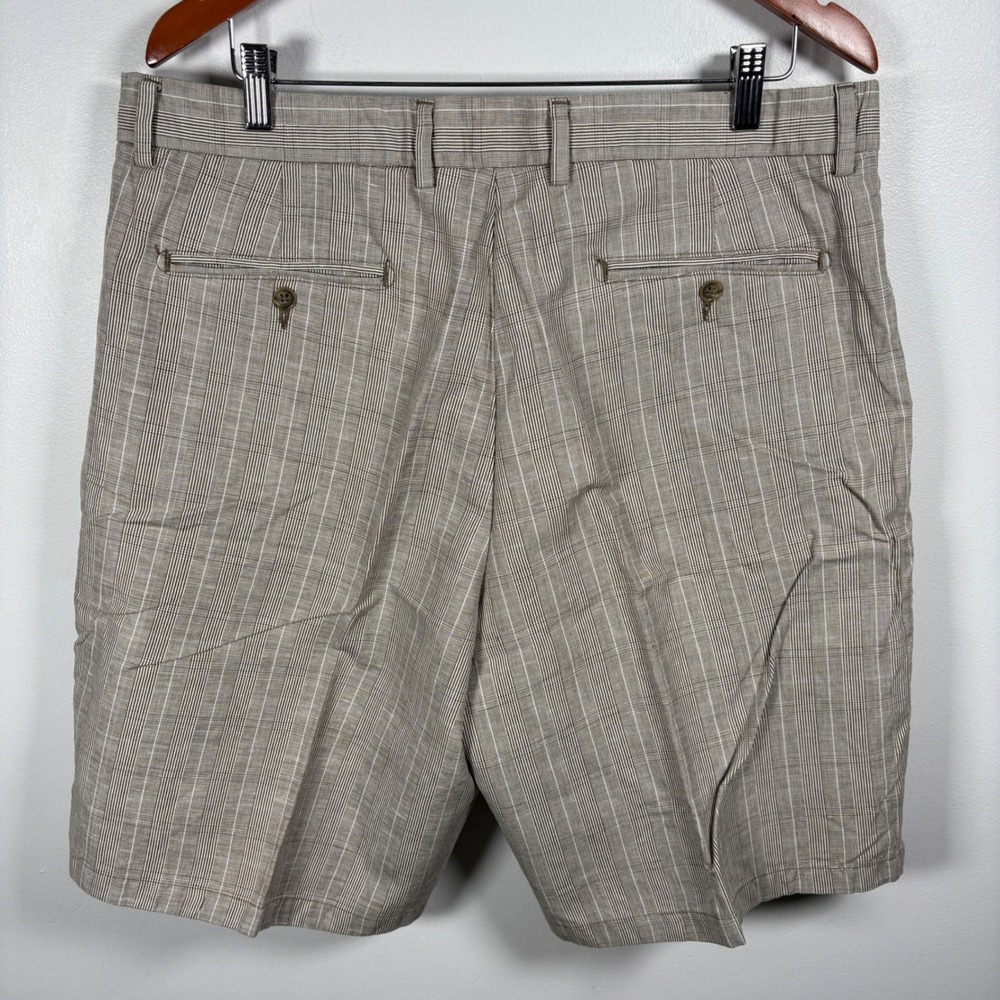 Tasso‎ Elba Mens Plaid Shorts Tan White Cotton Linen Blend Size 36 Flat Front